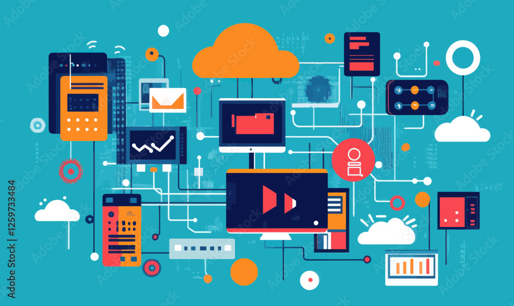Poster flat minimalist cloud data management synchronization vector illustration