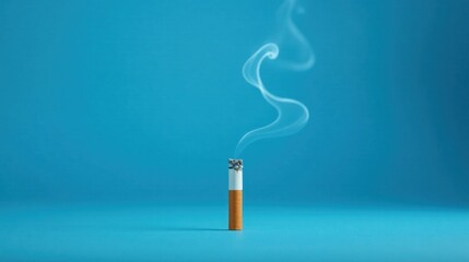A Single Smoked Cigarette Against a Vibrant Blue Background, Smoke Curls Upward in an Elegant Swirl, Evoking Thoughts of Health, Habits, and Choices