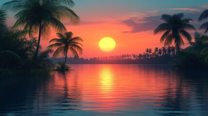Obraz premium Tropical sunset over calm water, palm trees silhouette, idyllic vacation scene