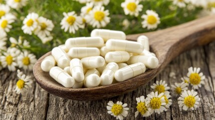 Natural White Pills on a Wooden Spoon Surrounded by Fresh Daisies and Green Herbs