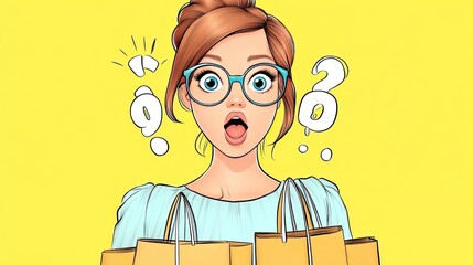 Surprised woman holding shopping bags with a puzzled expression against a bright yellow background