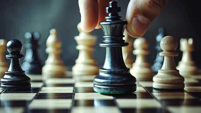 The King's Gambit:  A hand reaches out, poised to move the black king in a tense chess game, capturing the essence of strategic planning, decisive action, and the thrill of intellectual combat.  
