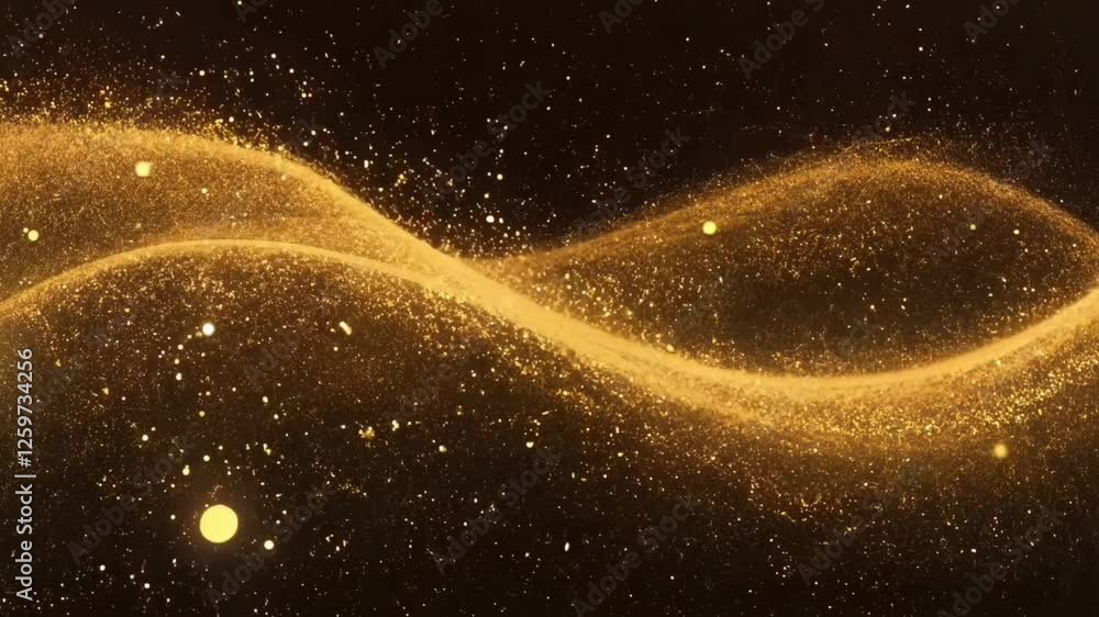 Poster golden glitter wave flowing smoothly in a dark background creating a luxurious and elegant visual ef