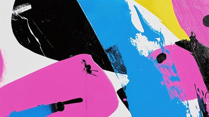 Abstract colorful graffiti art featuring bold shapes and vibrant colors on a textured wall