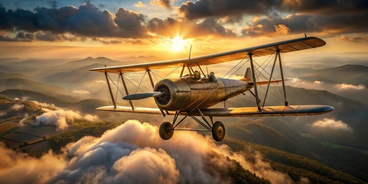 Golden biplane soaring above a breathtaking landscape of rolling hills and fluffy clouds during a vibrant sunset