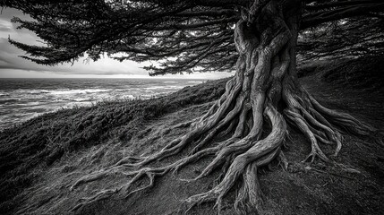 Majestic coastal tree with intricate roots overlooking the ocean in a serene black-and-white landscape