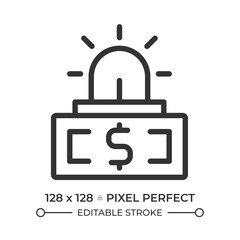 Emergency fund pixel perfect linear icon. Risk management. Financial planning, budget. Alert signal, danger. Thin line illustration. Contour symbol. Vector outline drawing. Editable stroke