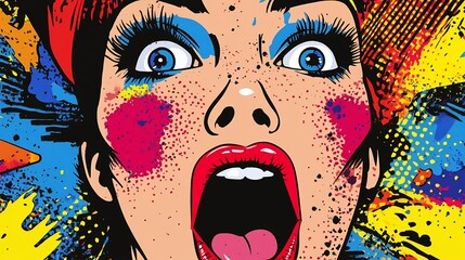 Close-up of a shocked woman's face with bright makeup and colorful background.