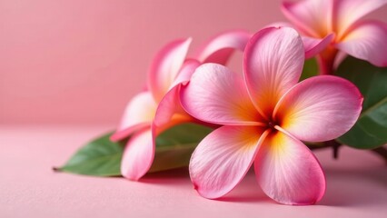 Fototapeta premium Delicate Pink Plumeria Blossoms on a Soft Pink Background, a Close-Up Image Showcasing the Intricate Details of the Petals and the Gentle Curves of the Flowers