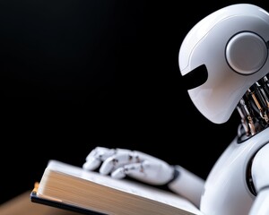 A humanoid robot reading a book, highlighting the intersection of technology and knowledge in a minimalist setting.