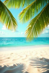 Obraz premium Serene Coastal Paradise Palm Fronds Frame a Tranquil Ocean View and Pristine White Sand Beach