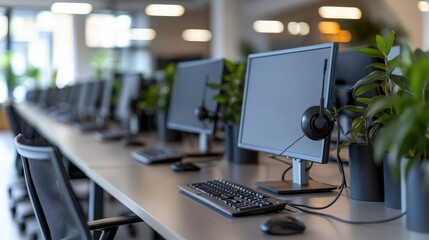 Modern office workspace with computers and headsets