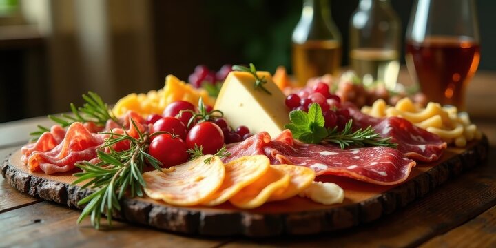 A delectable arrangement of cured meats, cheeses, and fresh produce, artfully presented on a rustic wooden board, ideal for a celebratory gathering or intimate dinner party