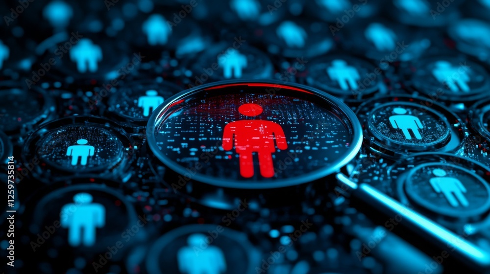 Fototapete a digital representation showing a magnifying glass focusing on a red figure among numerous blue fig