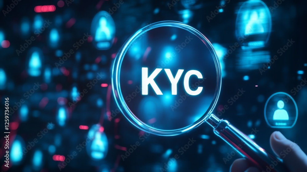 Poster A digital representation of KYC (Know Your Customer) with a magnifying glass, emphasizing identity verification and security.