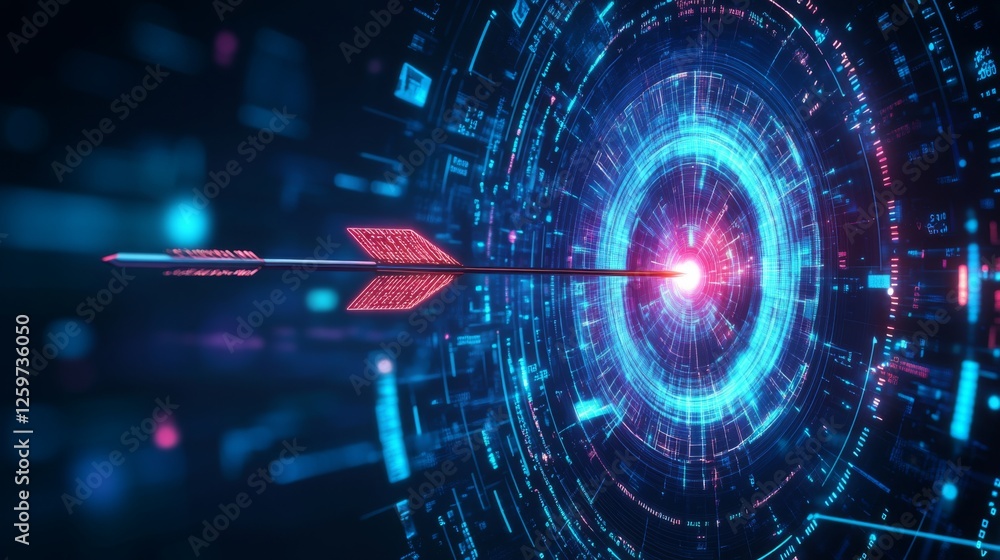 Poster a futuristic digital target with an arrow, showcasing vibrant blue and red colors, symbolizing preci