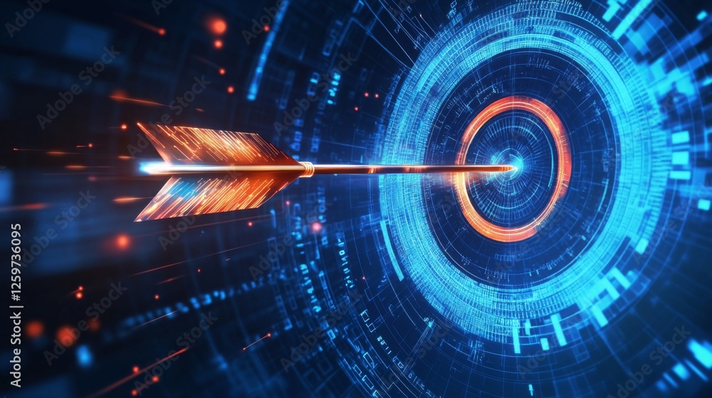 Poster a digital representation of an arrow flying towards a glowing target, symbolizing precision and focu