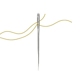 Close-Up of a Needle Threaded with Yellow Thread on White Background
