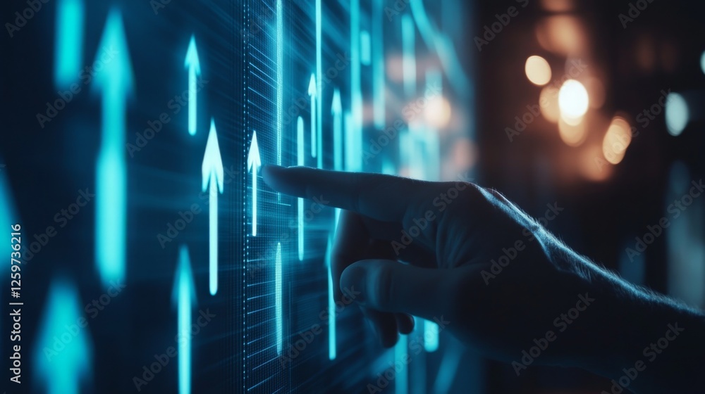 Aufkleber a hand points at glowing upward arrows on a digital display, symbolizing growth, progress, or data a