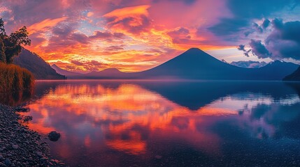 Fiery Sunset Reflecting on Calm Lake Water Mountains