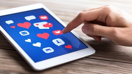 Person Interacting with Social Media Icons on a Tablet Device with Touch Screen Technology