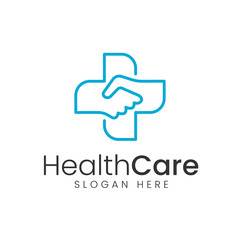 medical healthcare logo design vector symbol cross and hand shake icon illustration