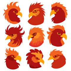 Vector collection of red phoenix silhouettes isolated from background. Set of fable parrot heads in fantasy style. Hand drawn fire birds