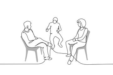 men and woman sitting on chairs opposite each other, conversation - one line art vector