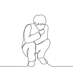 man squatting and thinking with his chin in his hand - one line art vector