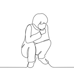 woman squatting thoughtfully resting her chin on her hand - one line art vector