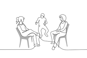 women sitting on chairs opposite each other, next to them a man is talking and gesturing - one line art vector. concept mansplaining, men in women's spaces