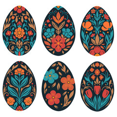 Vector set of Easter egg clip art in folk art style. Collection of illustrations of decorative holiday eggs. Spring treats with floral ornament isolated from background.