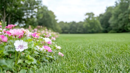 Fototapeta premium Colorful flowers border a grassy field