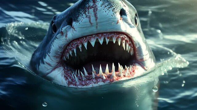 A ferocious predator emerges from the depths, its glistening skin and bloodstained teeth creating an intense underwater encounter.