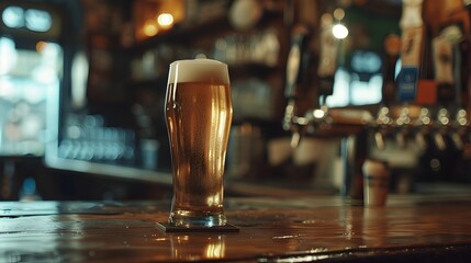 Tall frosty glass of beer on rustic wooden bar table, pub ambiance with warm lighting and condensation droplets – HD, wallpaper, banner