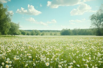 Beautiful Spring Meadow with Flowers and Blurred Background, Ideal for Copy Space on Two-Thirds of the Image, Under a Blue Sky with Clouds.