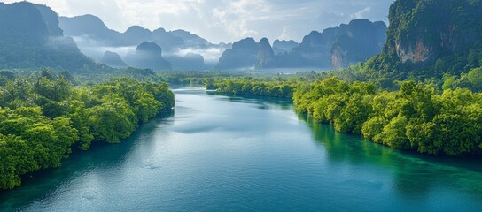 Serene river flows through lush jungle, mountains in background; travel brochure