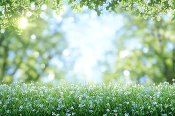 Beautiful Spring Meadow with Flowers and Blurred Background, Ideal for Copy Space on Two-Thirds of the Image, Under a Blue Sky with Clouds.