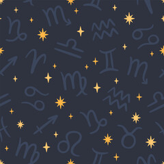 Pattern with zodiac signs. Hand-drawn vector seamless texture with astrology symbols and stars on dark blue background