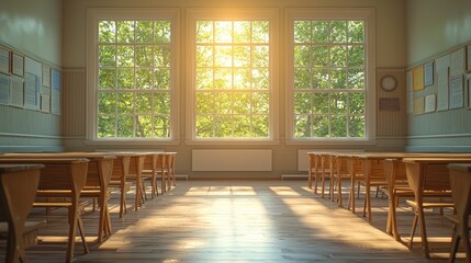 Bright classroom with wooden desks and chairs, sunlight streaming through large windows, greenery outside