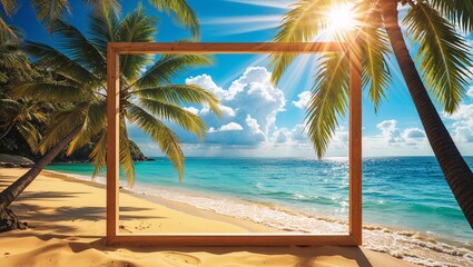 Summer Background with a Frame of Tropical Nature, Palm Trees, and Sunlit Skies for a Relaxing Getaway