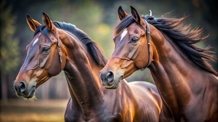 A Pair of Majestic Brown Horses with Flowing Manes, Gracefully Posing Together in a Natural Setting