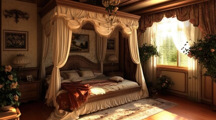 A bedroom with a canopy bed and a clean, clutter-free floor.