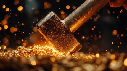 Close-up of a sledgehammer striking hot metal, sparks flying.