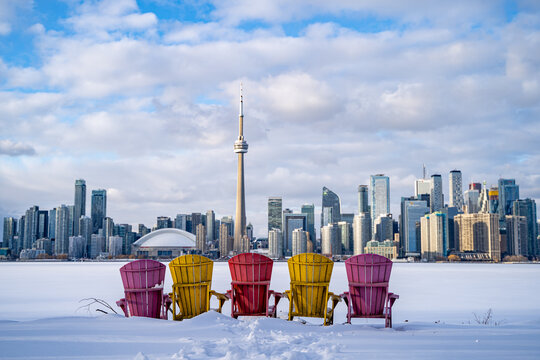 Frozen Lake Ontario and downtown Toronto view from Toronto Islands in winter.