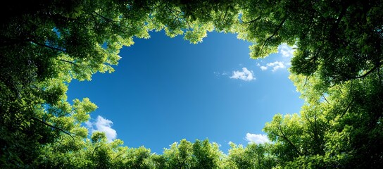 Sky view through forest canopy, summer day. Nature background for design