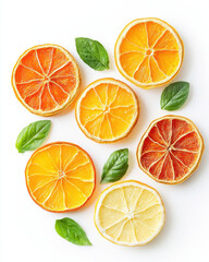 Fototapeta premium Dried citrus slices with green leaves create vibrant, colorful display