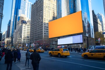 Midtown Manhattan billboard, blank digital screen, yellow cabs, city street, advertising