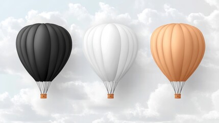 Naklejka premium Three Distinct Hot Air Balloons Floating Above Soft White Clouds in a Clear Sky