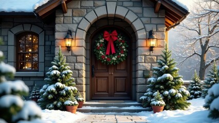 Fototapeta premium Winter Wonderland Entrance Festive Wreath, Snow-Covered Evergreens, and Warm Lighting Greet Visitors to a Cozy Stone Home